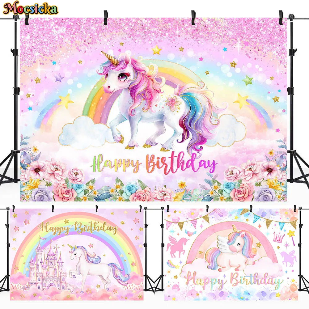 

Mocsicka Unicorn Birthday Backdrop Rainbow Flower Colourful Stars Girl Birthday Party Decor Background Baby Shower Custom Banner