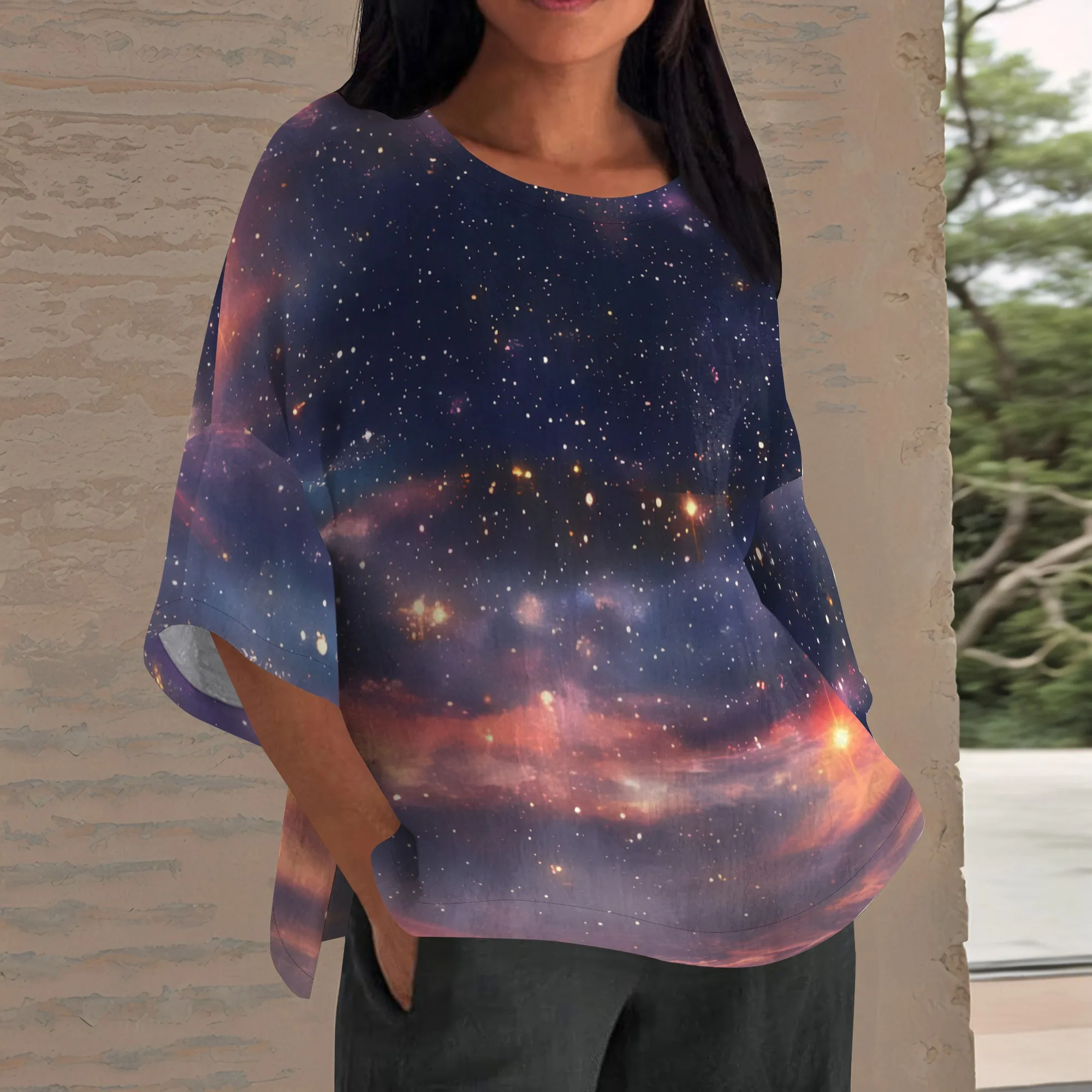 

EQQZD Fashionable Half-Sleeve Crew Neck Top for Women, Dreamy Starry Sky Style Pattern Printed Tops