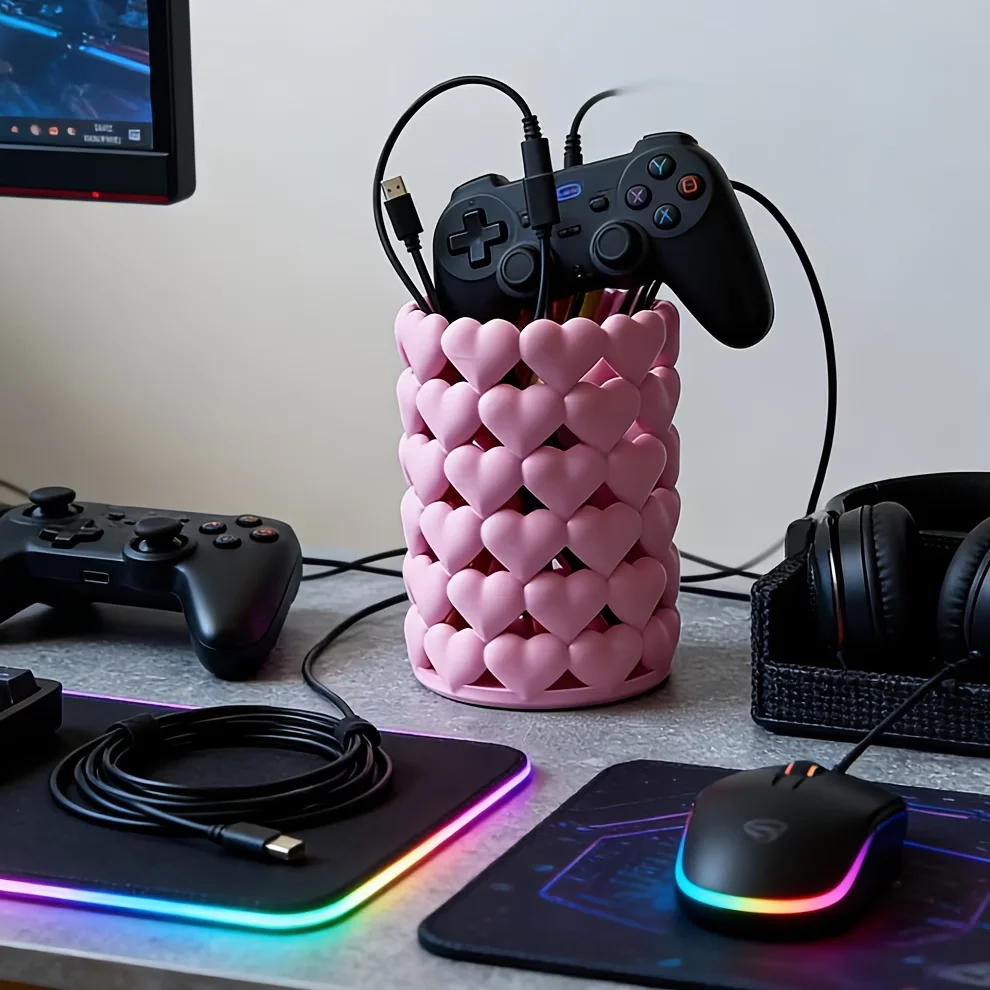 Stylish Heart-Shaped Silicone Hollow Pen Holder Desktop Makeup Brush Organizer Stationery Bucket for Instagram