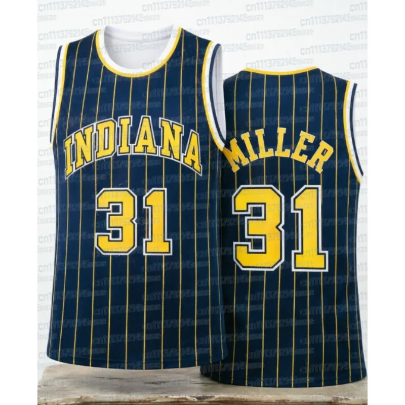 Indiana Basketball Uniform, Yellow Striped Navy Blue Printed Sportswear, Casual 3D Printed Vest, Home Style Short Sleeved Shirt