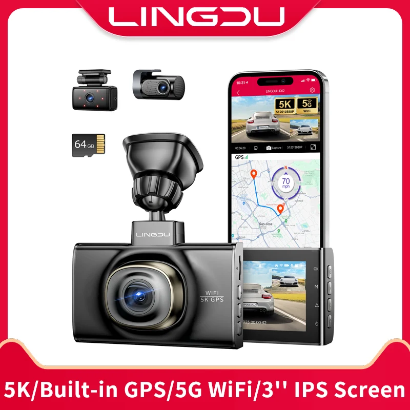 

LINGDU LD02 Car Camera 5K Front Dash Cam 3 Channel Dashcam Built-in GPS 5G WiFi Video Recorder Voice Control 24H Parking Mode