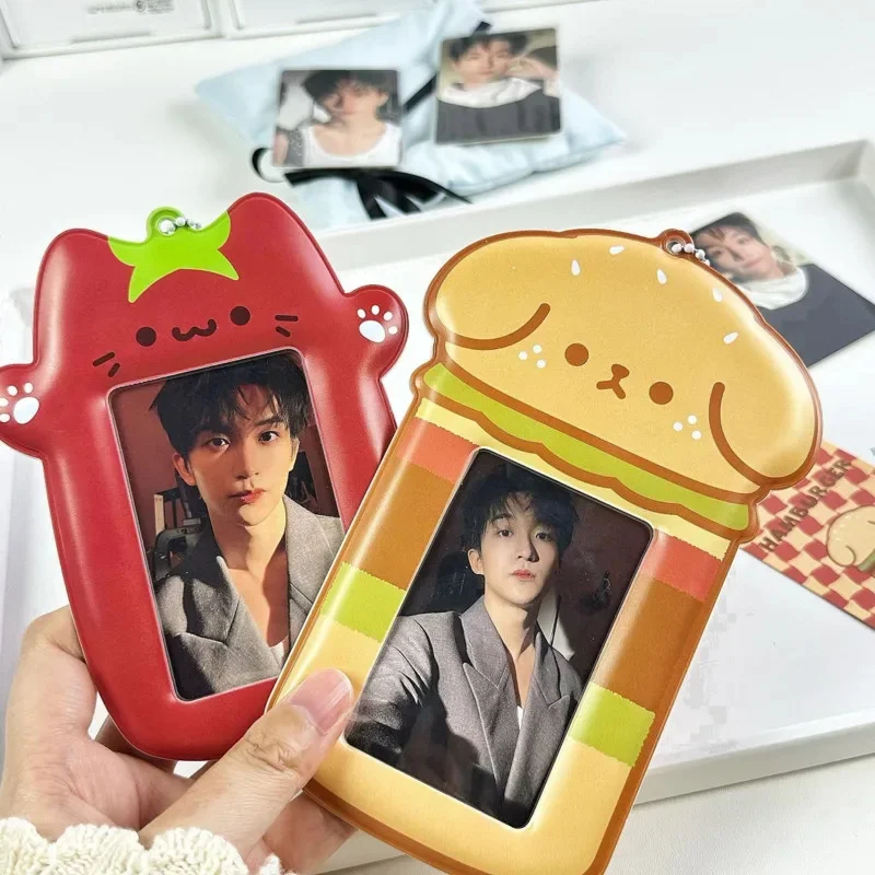 Kpop Photo Card Holder Cute Cartoon Burger Dog Tomato Cat Design PVC Protective Sleeve With Chain For Backpack Bag Decoration