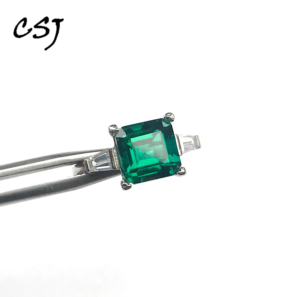 

CSJ Trendy Lab Grown Emerald Ring Sterling 925 Silver Gemstone 8mm for Women Lady Engagement Milgrain Party Gift