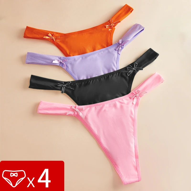 4pcs/Set Low Rise Solid Sexy Women Thongs Bow Elegant Sexy Lingerie Breathable…