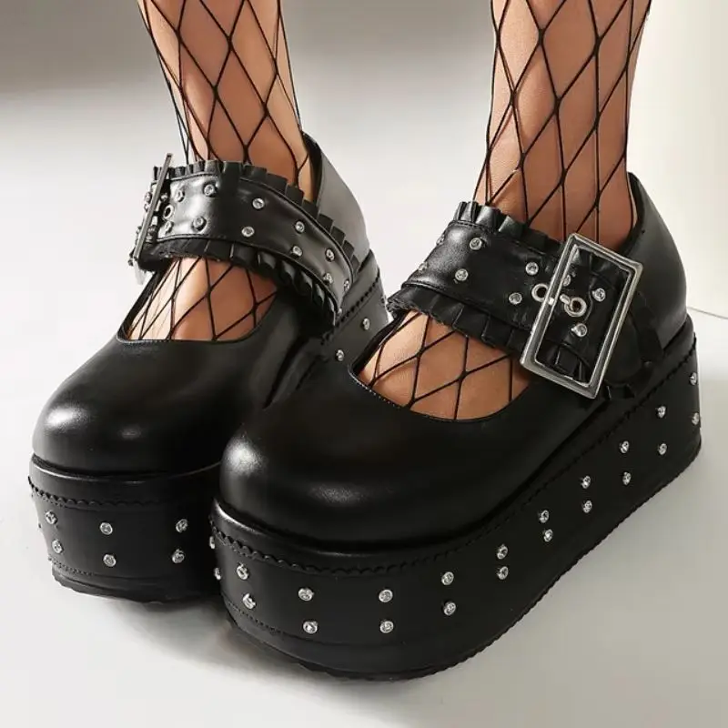 

Punk Platform Mary Jane Shoe for Women Black PU Leather Wedge Heel Loafers Woman Thick Sole Rivet Buckle Gothic Lolita Shoes