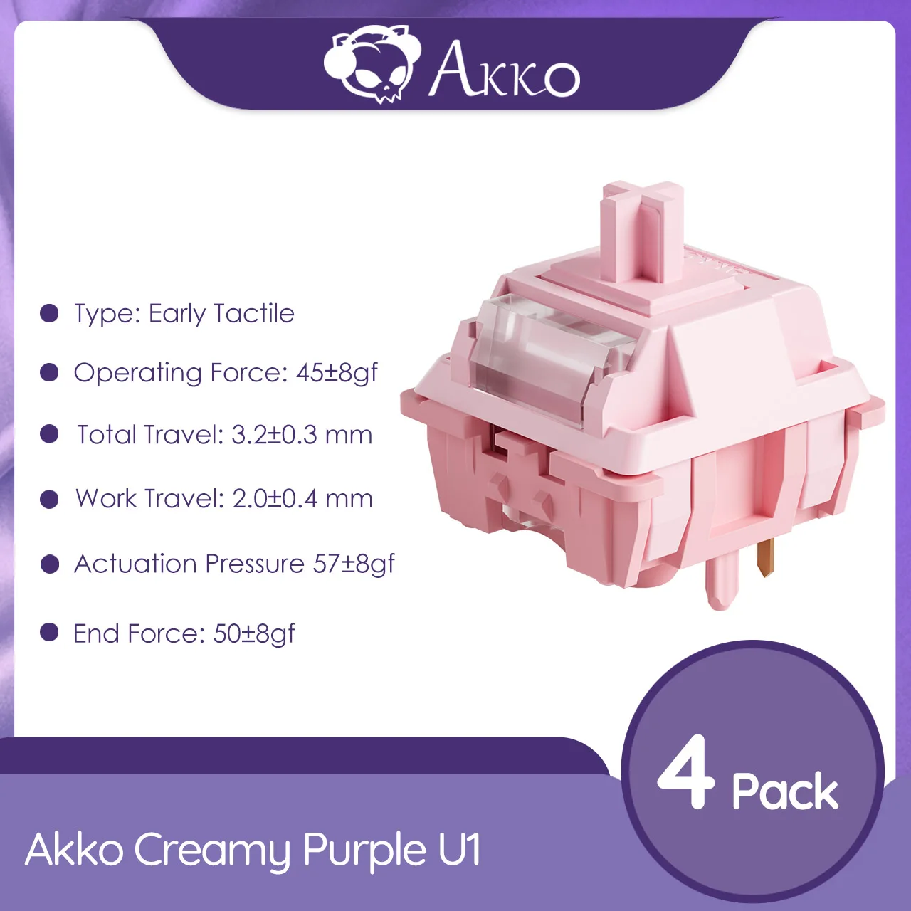 Akko Creamy Purple Tactile U1 Switch 5 Pins 45gf±8gf Fabrieksgesmeerde POM Top MX Switches Mechanische toetsenbordaccessoires 45 stuks