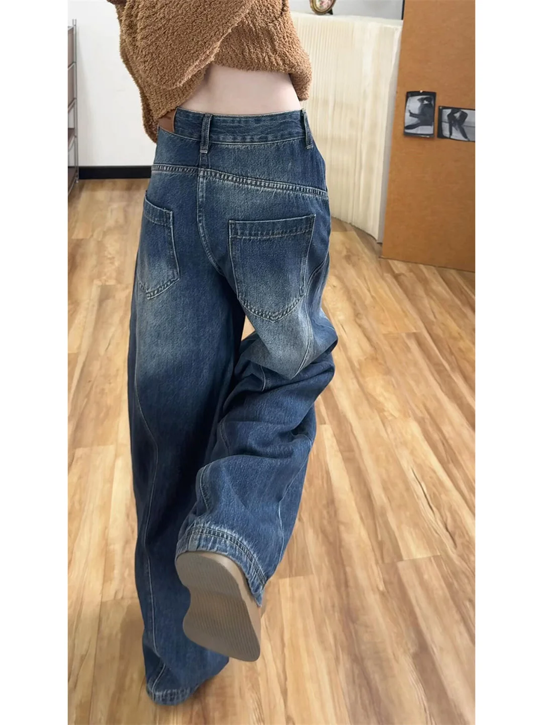 

High Waist Loose Fit Distressed Knife Denim Jeans Women's Autumn Winter Wide Leg Floor Length Trousers Casual Style