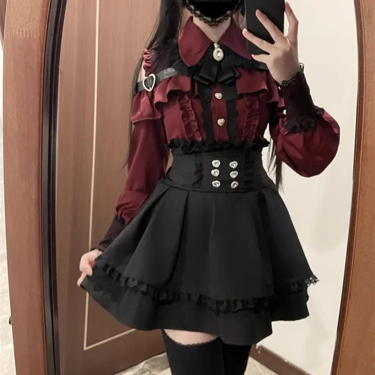 Jirai Kei ชุด S-XL Lolita สาวเสื้อผู้หญิง Kawii โบว์ 3 สียาวเสื้อ Y2K หวานญี่ปุ่นสไตล์ผู้หญิงชุด