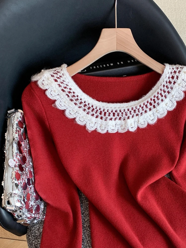 Hollow out lace doll neck knitted sweater women autumn and winter chic small fragrance style temperament elegant base top