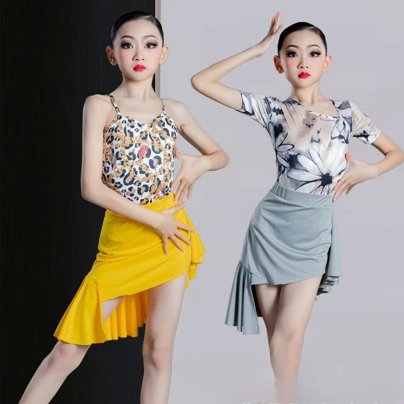 2025 novas crianças conjuntos de vestido de dança latina para meninas roupas de treinamento de competição cha-cha samba rumba trajes de dança terno