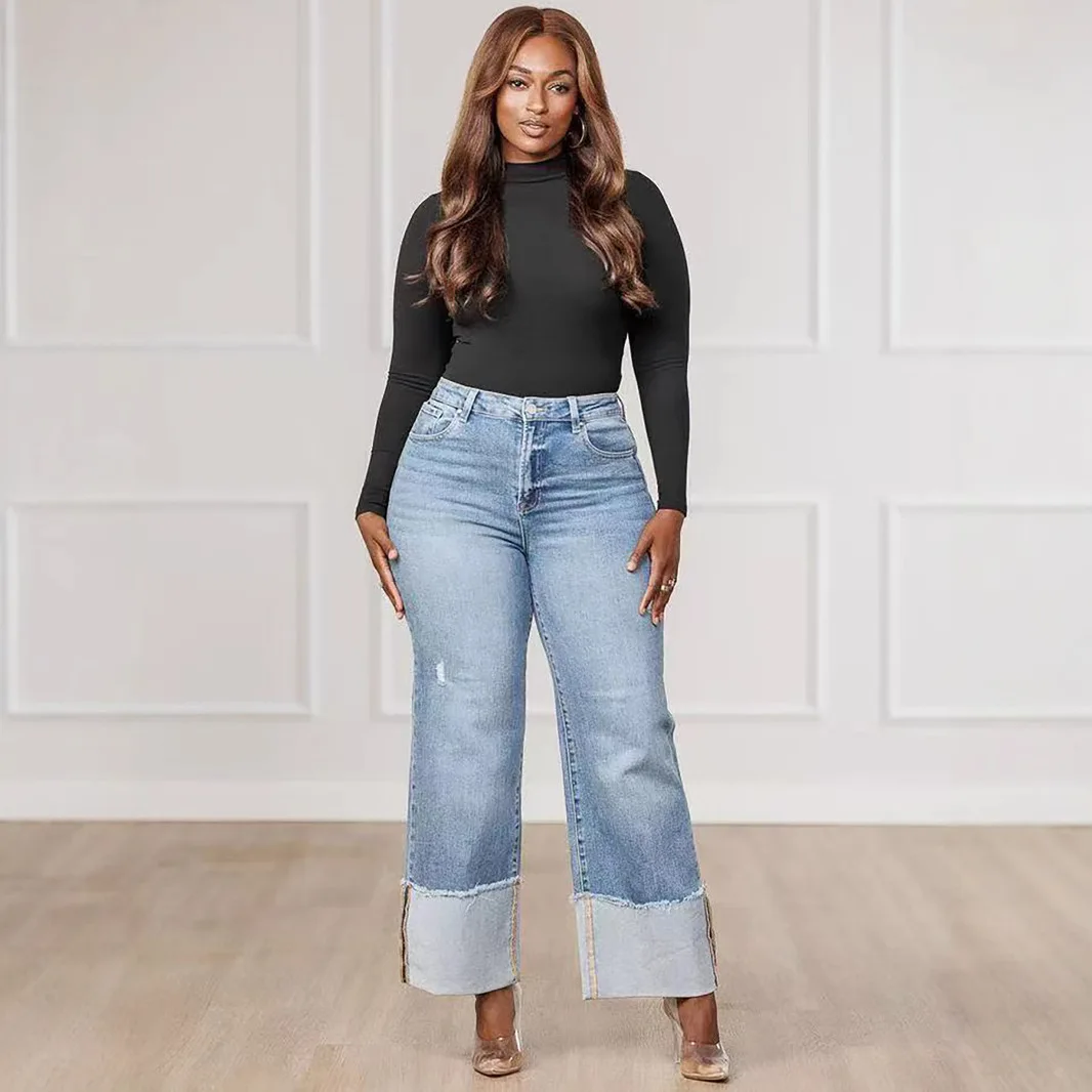 

2025 New Washed Straight-leg Jeans for Women in Autumn and Winter. Solid-color Casual Design Wide-leg Jeans with Outward Folding