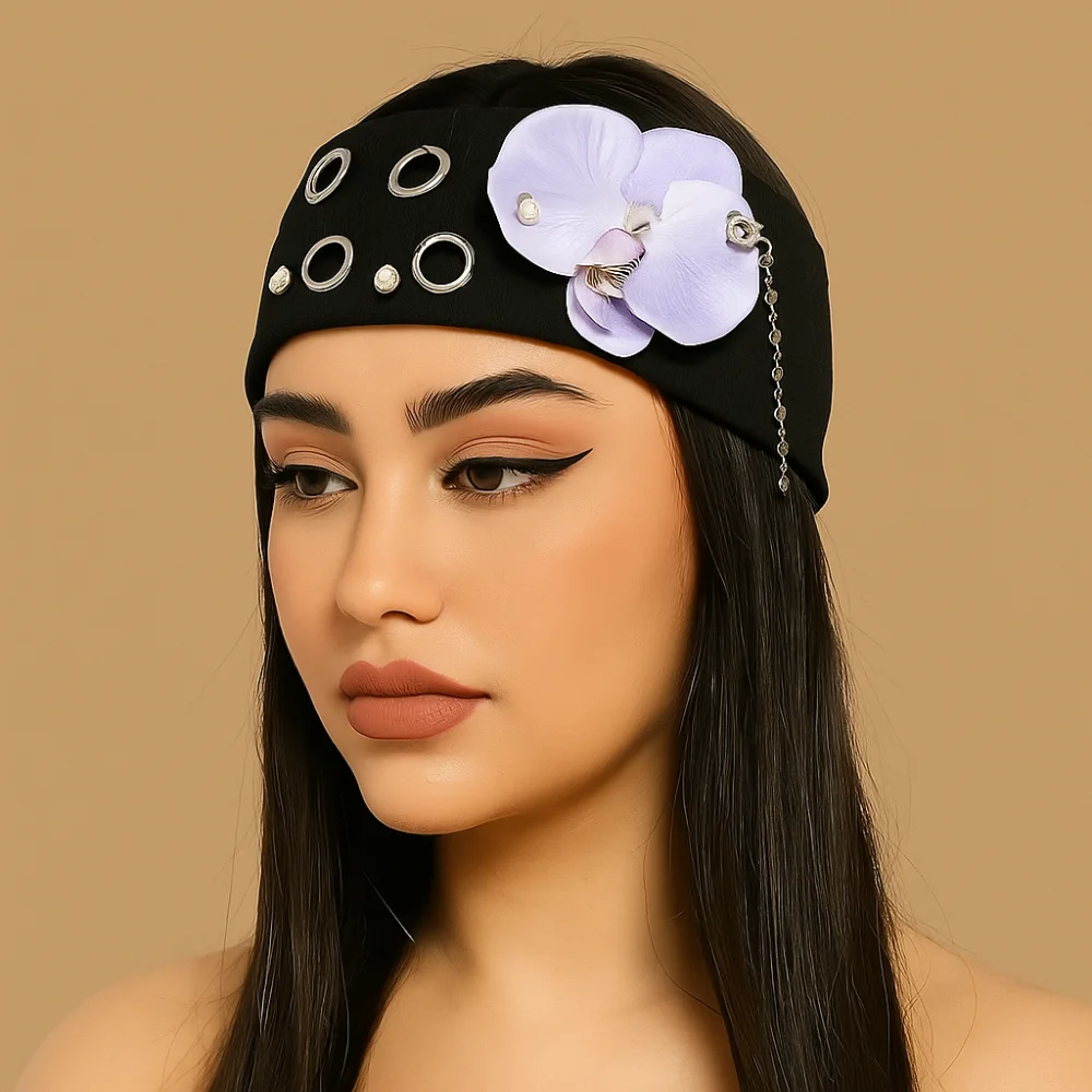 

Hibiscus Butterfly Orchid Knitted Hairband Y2K Hip-hop Flower Elastic Headband Punk Style Wide Side Rhinestone Chain Headscarf