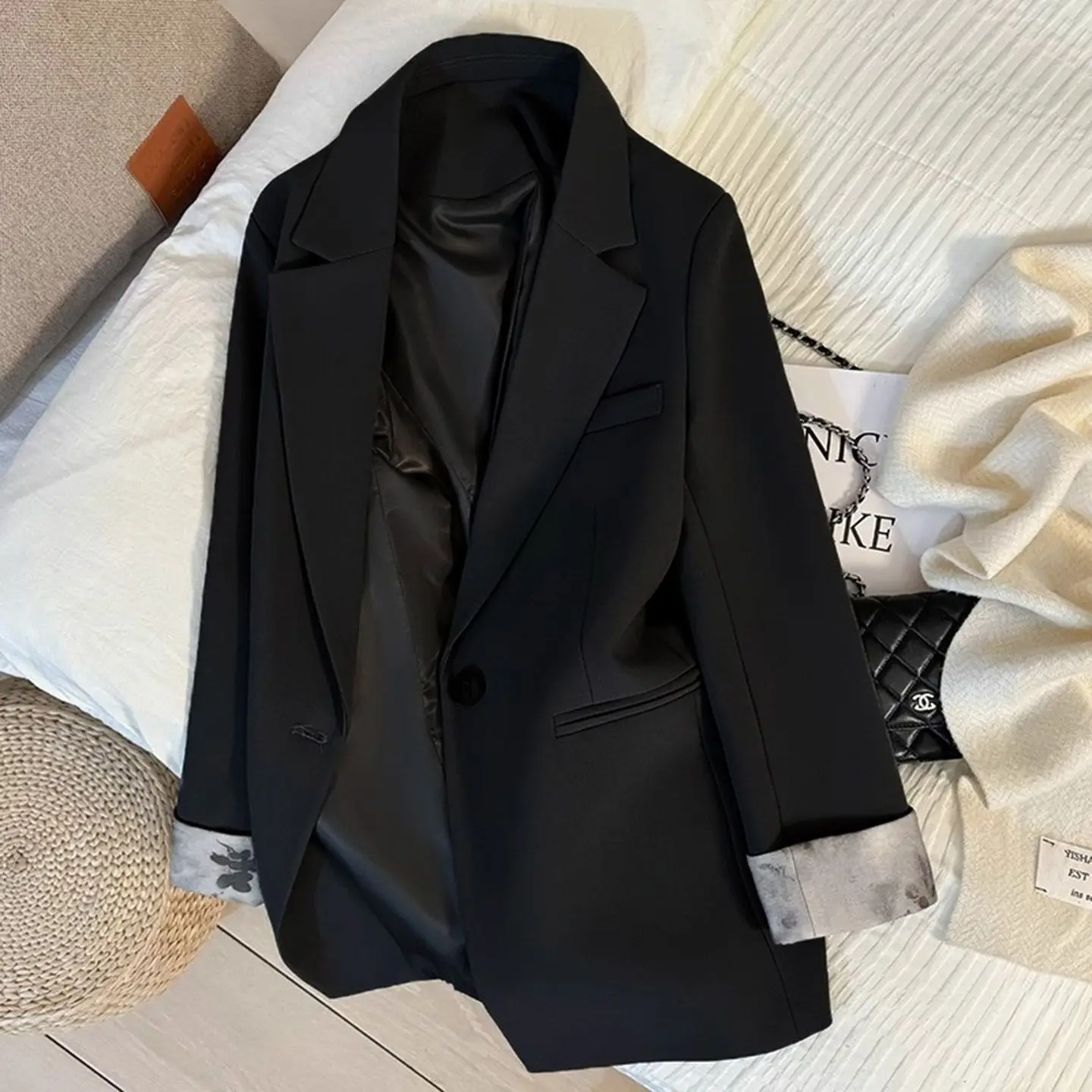 Grey Vintage Blazer Women Outerwear 2026 Spring Autumn New Cuffs Unique Design Temperament Suit Jacket Ladies Office Blazer Tops
