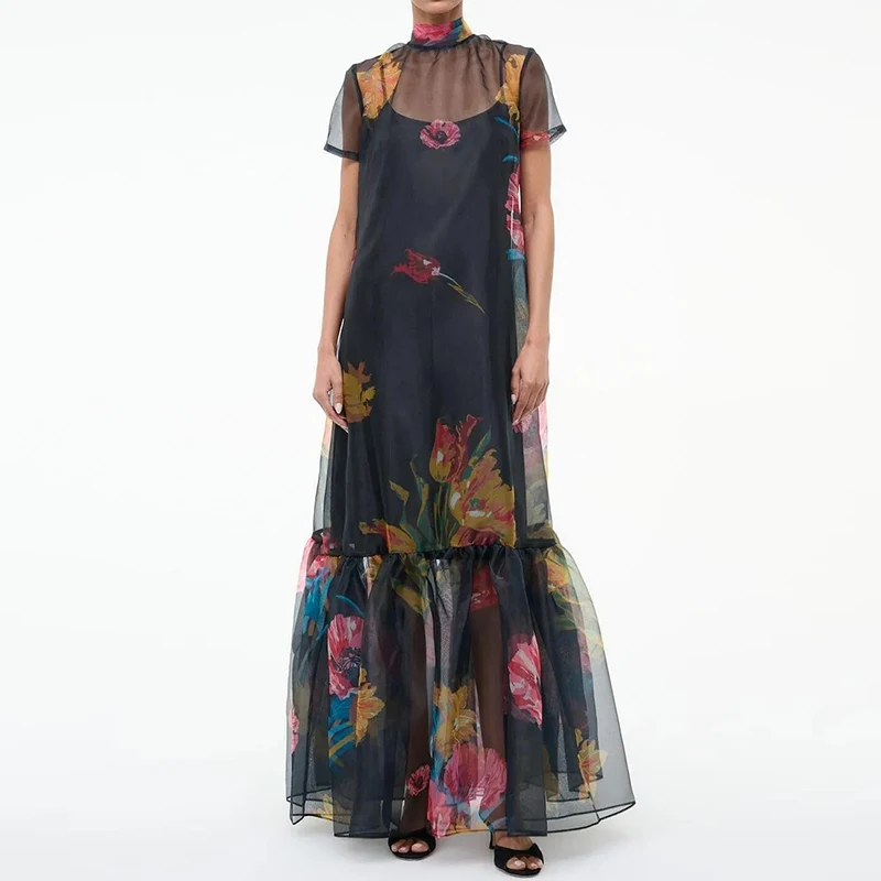 Sexy bedrucktes Mesh-Damenkleid 2026 – Sommerurlaub, locker sitzendes Boho-Kleid, lässiges Kurzarmkleid mit plissiertem Saum, Strandkleider