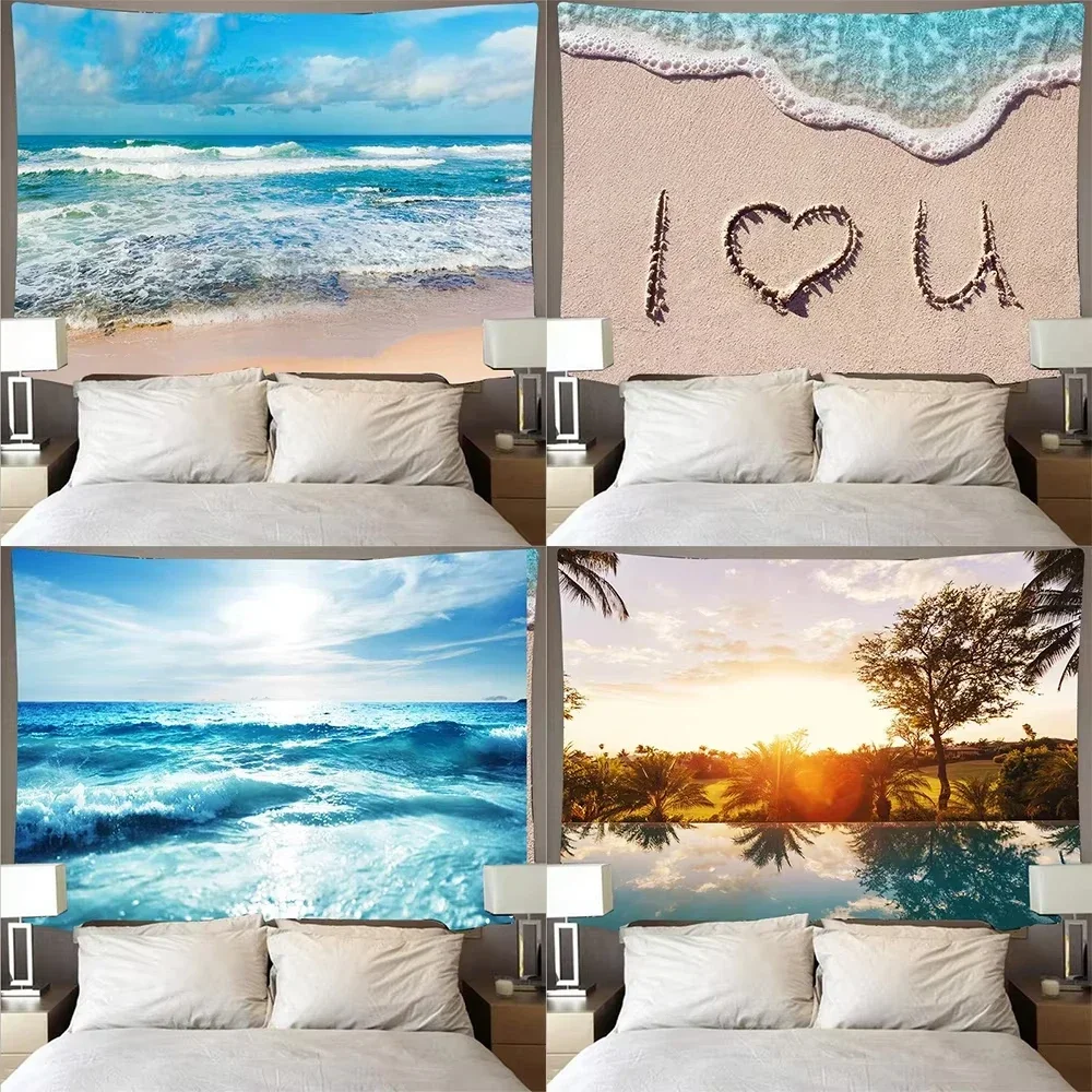 HD-Big Wave Beach Sunset Tapestry – Beautiful Blue Sea Landscape Wall Hanging for Home Decor, Bedroom or Photography Backdrop