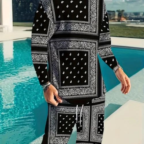 캐슈 플라워 프린트 남성용 긴팔 티셔츠, 데일리 스트리트 남성용 패션 긴 바지, 용수철 가을, 2024 신상 