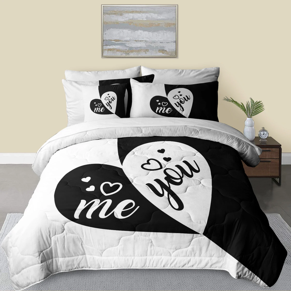 8 Pcs White Love Hearts Comforter Set with Comforter Sets Soft You and Me Bedding for All Seasons Bedding Sets