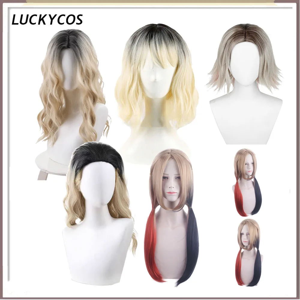 Quinzel Cosplay Wig Color Blocked Wig Heat Resistant Synthetic Hair Movie Super Villain Roleplay Headwear Carnival Party Props