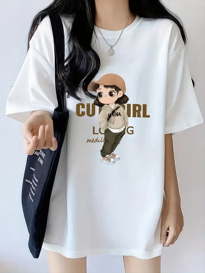 

Plus - Size Women's Short - Sleeve T - shirt, Cute Girl Cartoon Print, Sweet & Comfortable