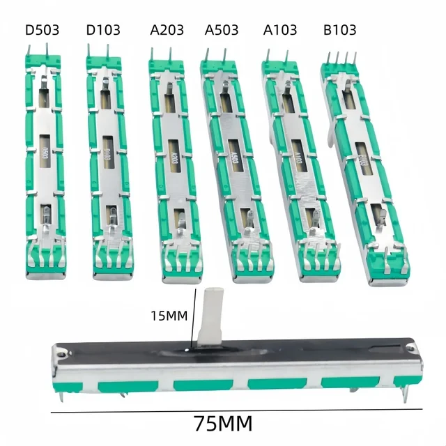 5 szt. Prosty Potencjometr Suwakowy Mikser Fader Rezystory Zmiennoodporowe A103 B103 A20K A50K D10K B20K Ohm 75mm Dwukanałowy Fader