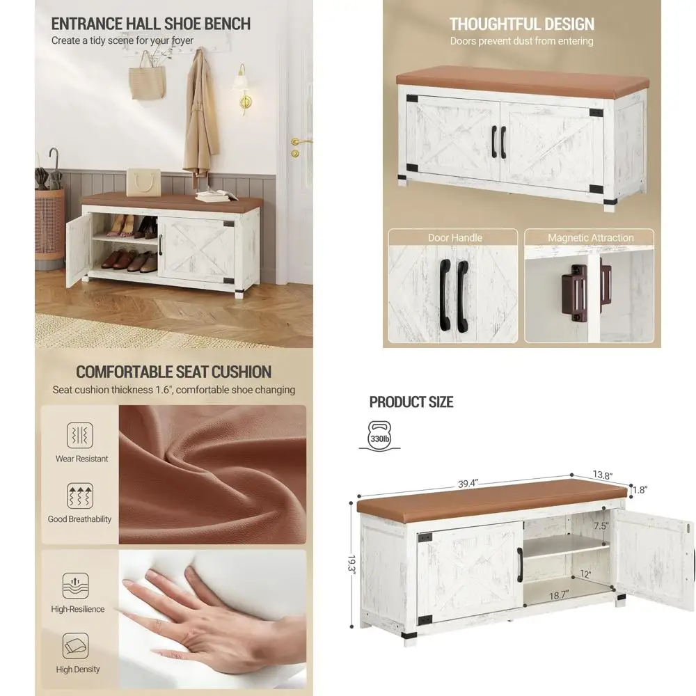 

2-уровневая мягкая скамья для хранения обуви с дверцами сарая, регулируемая полка, стиль фермерского дома, античный белый цвет