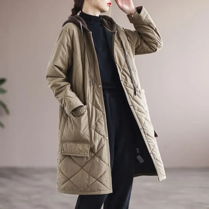 

Warm Cotton Jacket Women's Mid-Length Quilted Diamond Pattern Cotton Coat Winter Thickened Long Sleeve Hooded Single Button