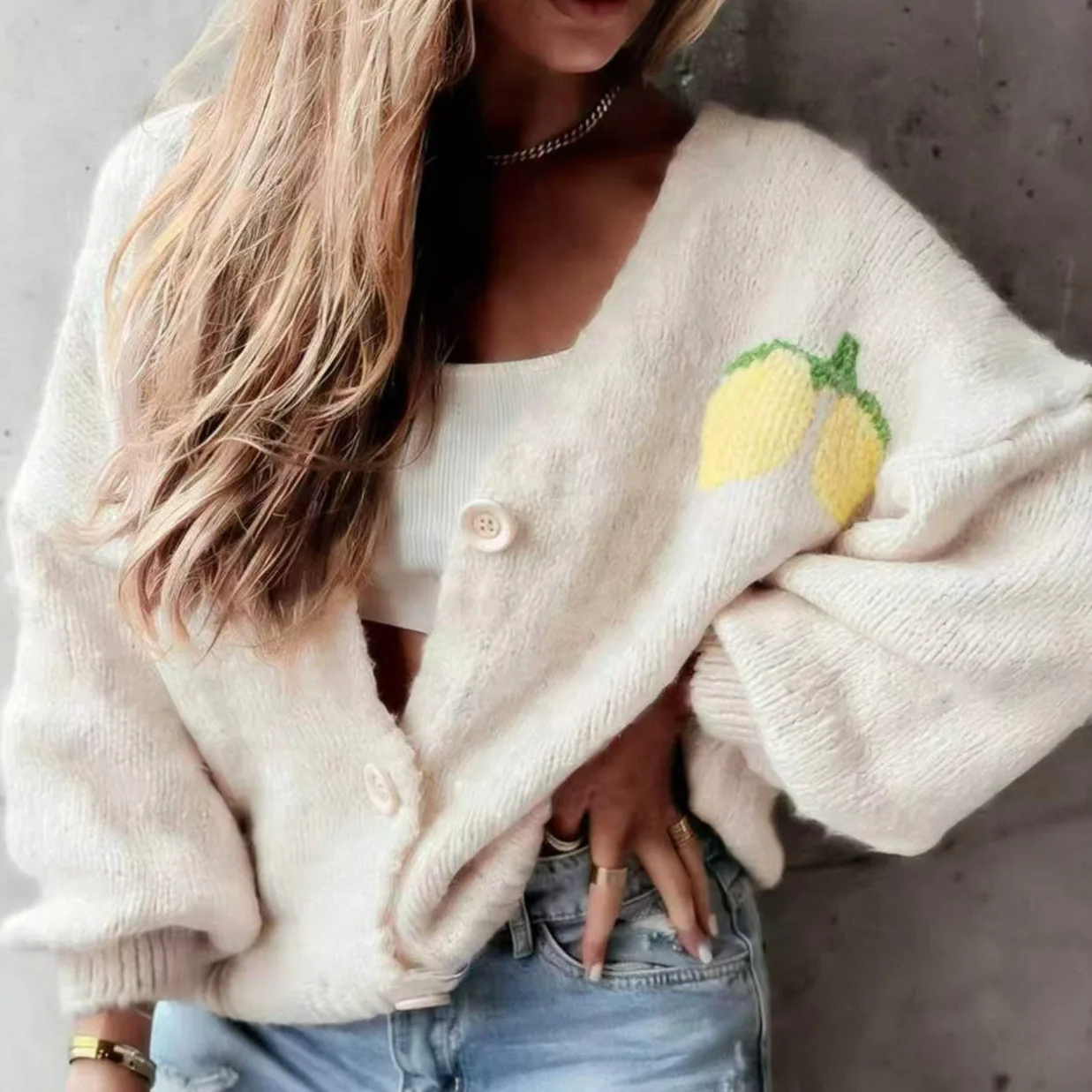 Autumn Fashion New Women's Casual Long Sleeve Button Loose Sweater Cardigan Comfortable Lantern Sleeve Lemon Knitted Sweater