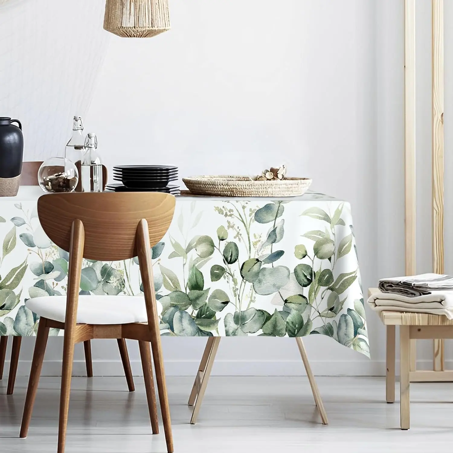 Spring Green Eucalyptus Leaf Rectangle Waterproof Tablecloth Party Decor Reusable Kitchen Dining Tablecloth Wedding Decorations