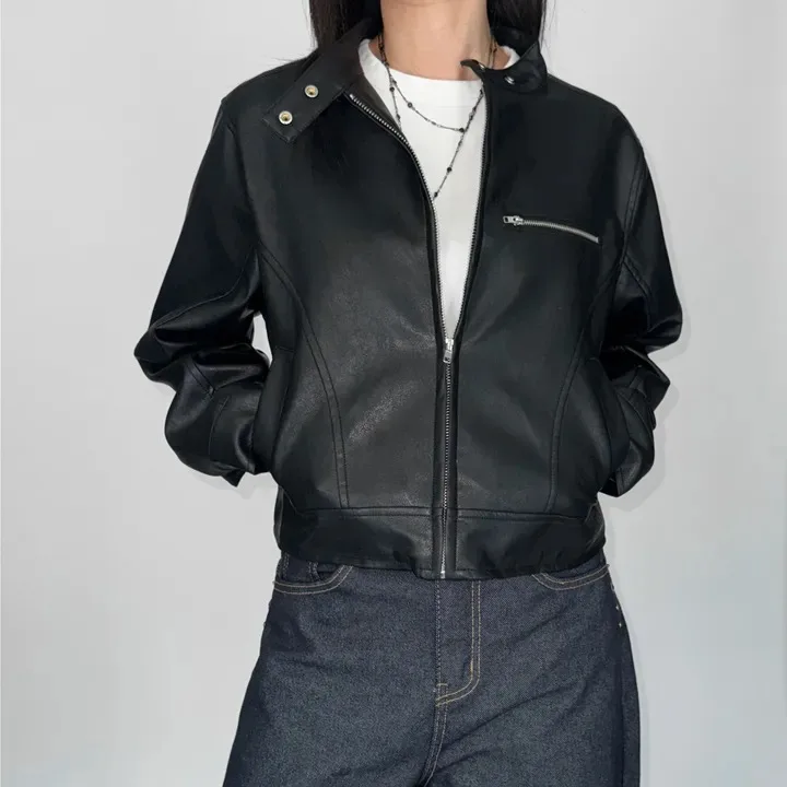 Femmes Chic Design rétro Faionable col montant moto longue Sve Baseball Jaet vêtements supérieurs coréen Sle trajet...