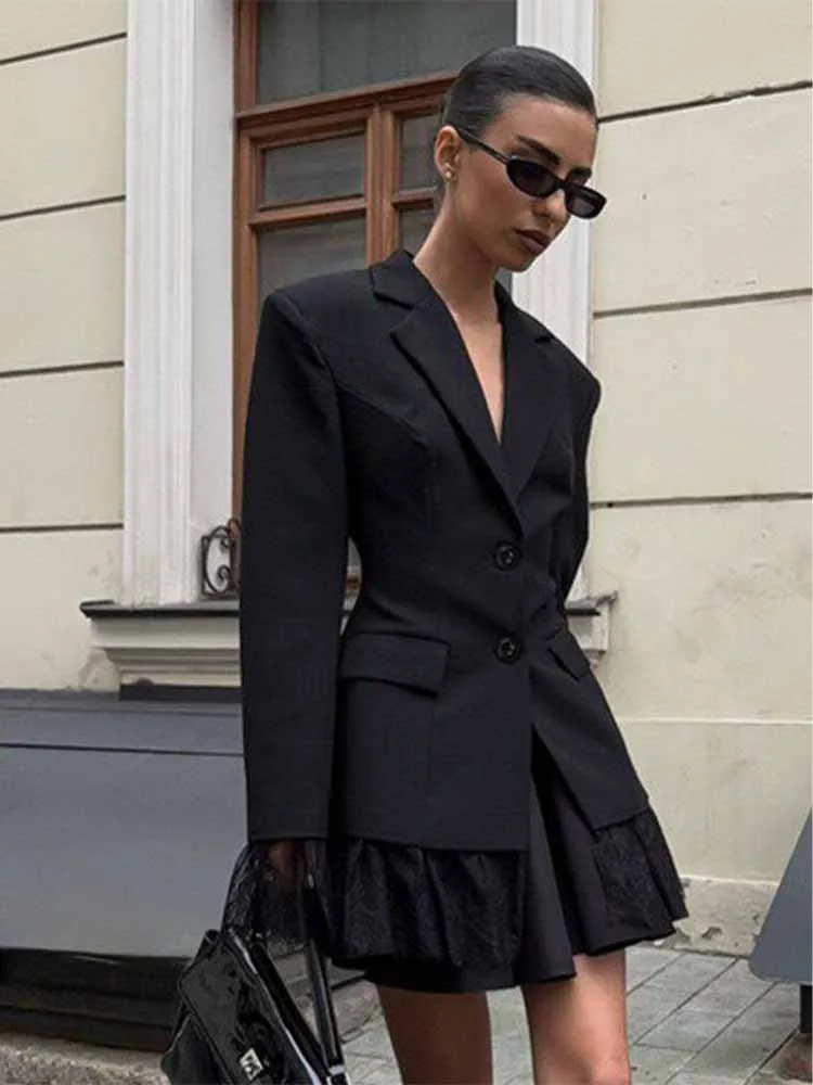 HH Woman Early Spring Fashion Long Sleeves Single Breasted Lace Patchwork Decoration Blazer Female Casual Slim Commuting Coat