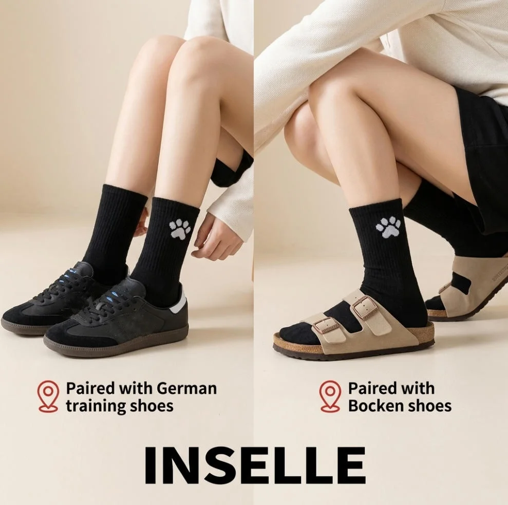 5/10 pairs of soft and comfortable cat paw printed socks, breathable women's round neck socks, cute animal patterns, black/white