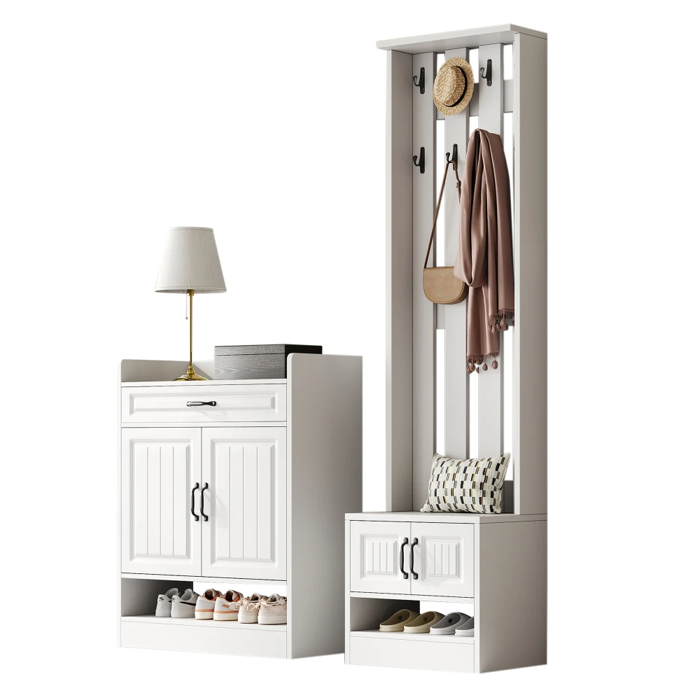 PINGGO Garderobenset, Wandschrank mit Schuhregal, 8 Haken, 4 Türen, 1 Schublade, weiße Flurmöbel, 125 x 36 x 190 cm – Detail 17