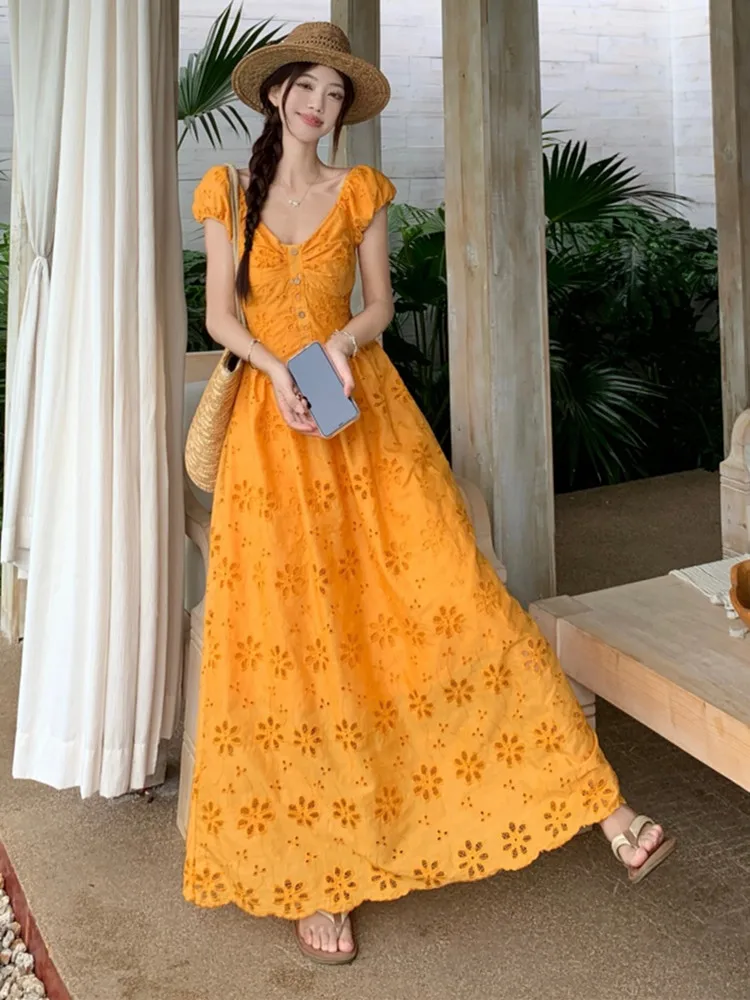 

French Embroidery Hollow Vacation Style Slim Midi Dresses Women's V-neck Short Puff Sleeve Temperament Bohemian Beach Dress