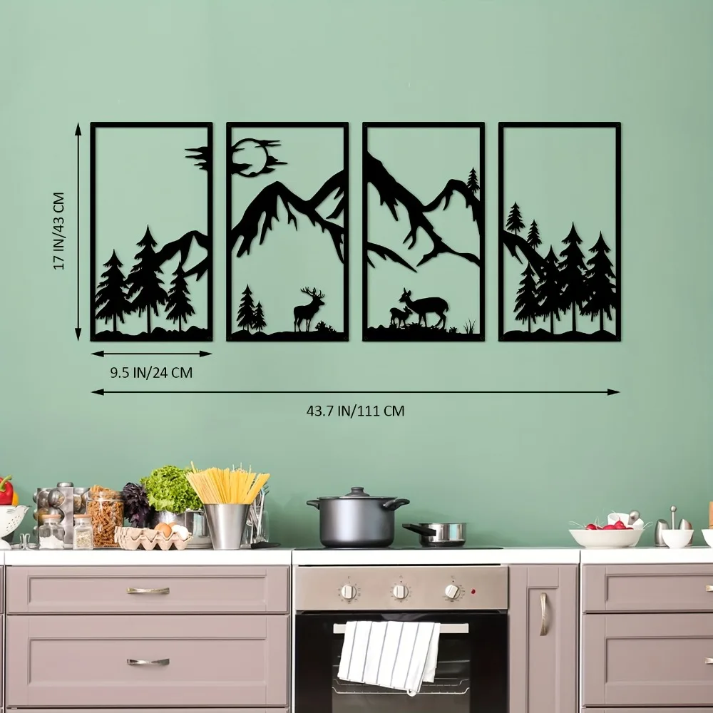 CIFBUY 4PCS Metal Wall Art Abstract Mountain Deer Tree Silhouette Rustic Modern Decor for Living Room Bedroom Office Garden Dura