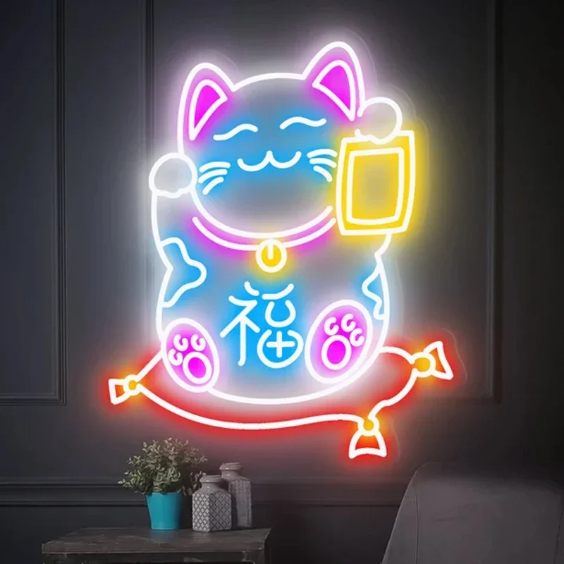 Anime Cute Lucky Cat Neon Sign Open Door Custom Led Neon Light for Cash Register Decoration Room Wall Hang Decor