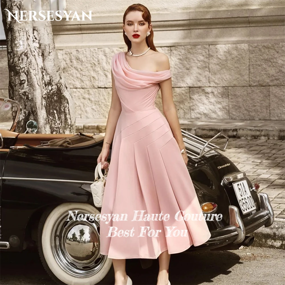 Nersesyan Blush Pink Satin Wedding Dresses Ruched Pleats One Shoulder A-Line Bridal Gowns Ribbons Tea Length Bride Dress 2024