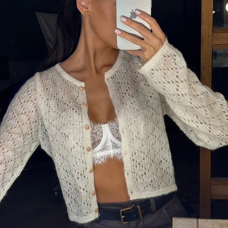 

Autumn New Solid Color Hollow Out Cardigans Elegant Long Sleeve Knitted Women's Tops Temperament Single Breasted O-neck Outwear