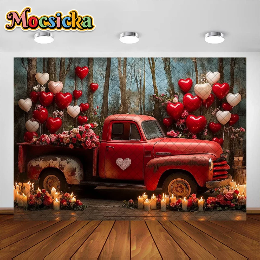 발렌타인 데이 사진 배경 레드 러브 트럭 꽃 장식 배경, 베이비 샤워 소녀 초상화 사진 스튜디오 소품