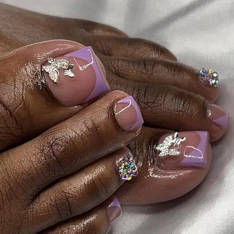 Shiny Rhinestone Purple French Fake Toenails Butterfly Summer Fashion Toe False Nails Detachable Press on Toenails with Glue