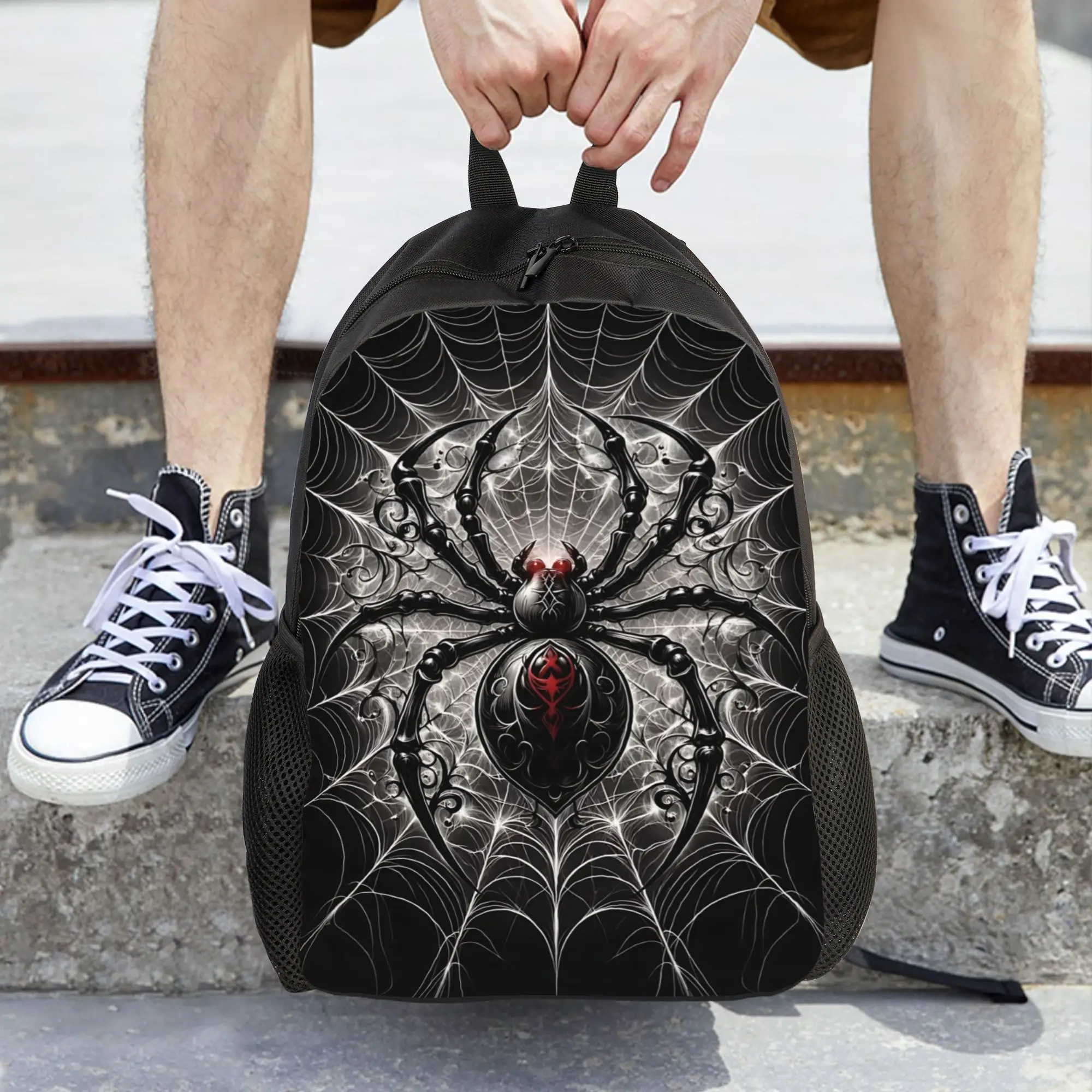 Fashion Halloween Print Giant Black White Spider Art Print backpack  mochila Harajuku Design Outdoor Sturdy Shoulder Rucksack