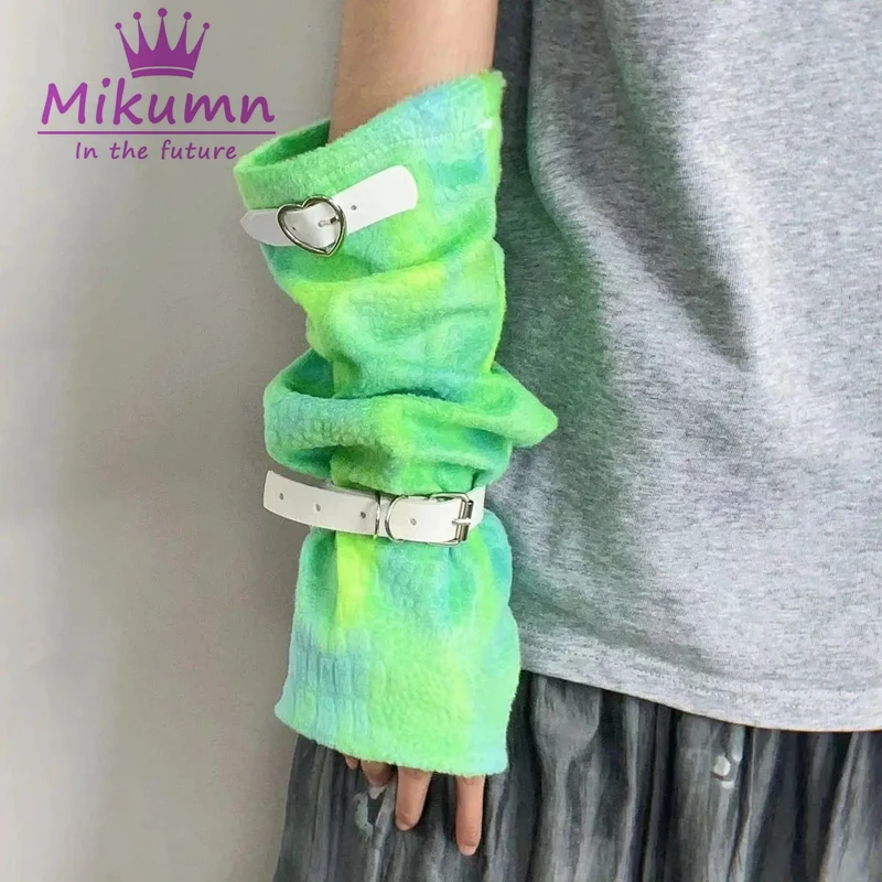 Mikumn Japanese Harajuku Green Fingerless Long Gloves Y2k Grunge Women Adjustable Leather Buckle Half Finger Gloves Streetwear