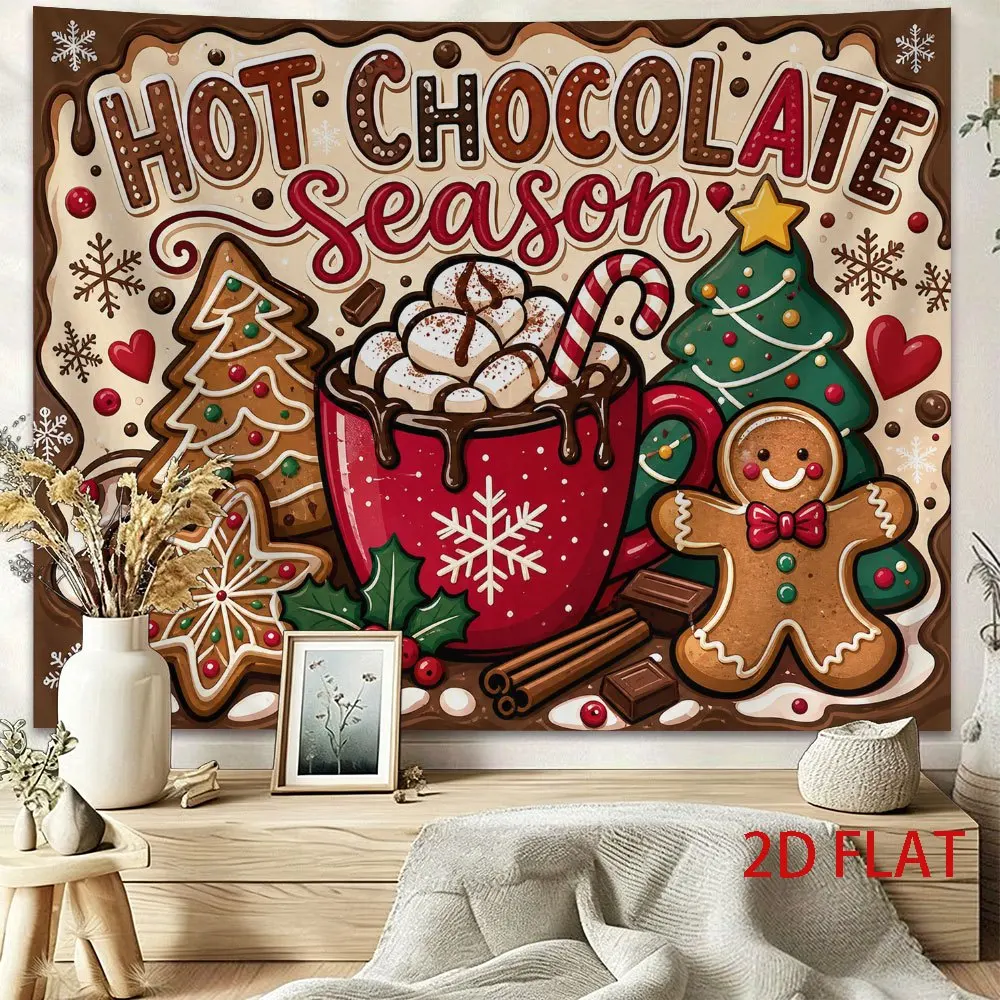 1pc Tapestry, 2D Flat Print Hot Chocolate Season Gingerbread Man Christmas Tapestry, Winter Holiday Decor for Bedroom