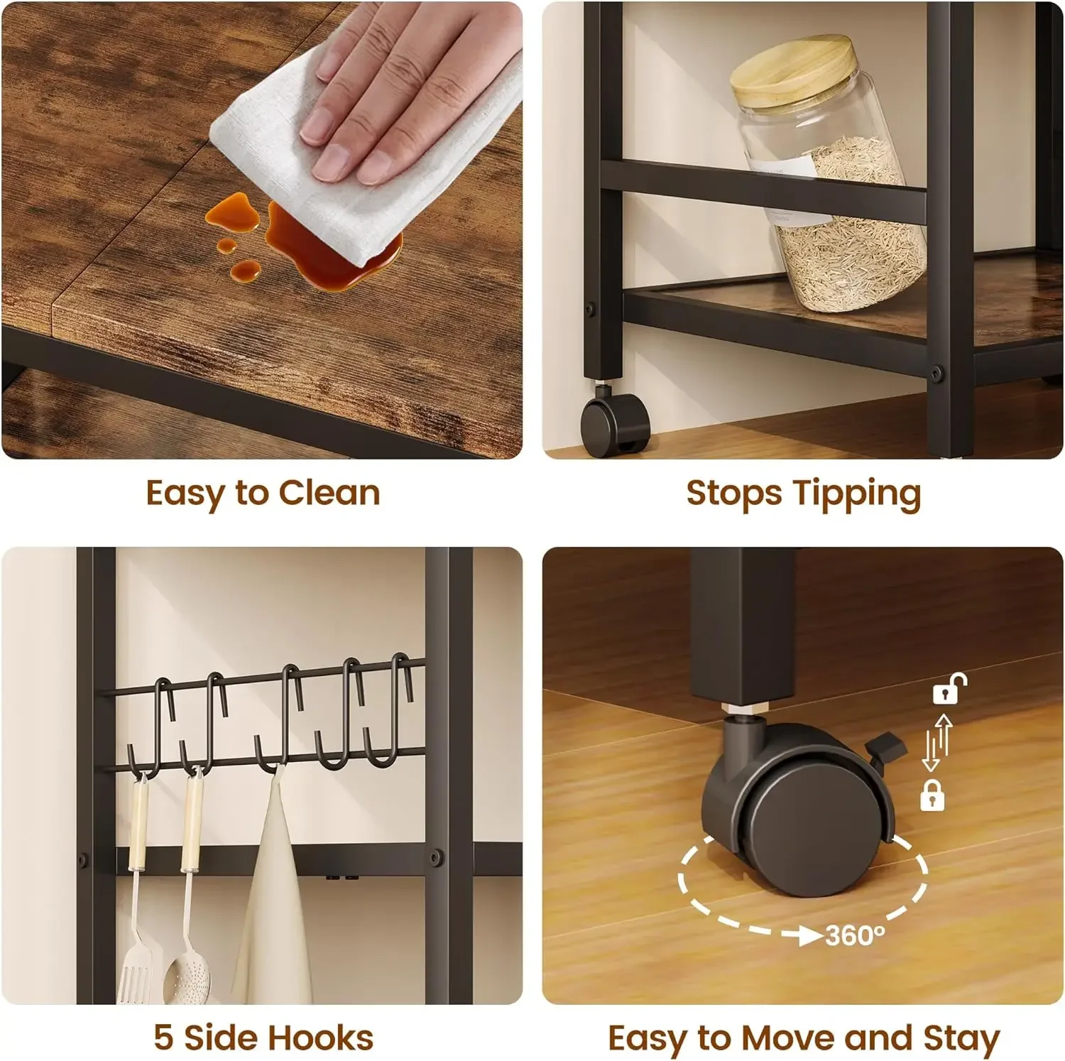 3-Tier Wooden Microwave Cart with Storage, 22.4''W Microwave Stand Coffee Cart Rolling Kitchen Utility Cart with Wheels, 5 Hooks