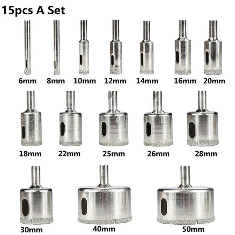 Diamond Coated Drill Bit Set 15pcs 6mm-50mm Tile Marble Glass Ceramic Hole Saw Drilling Bits for Power Tools