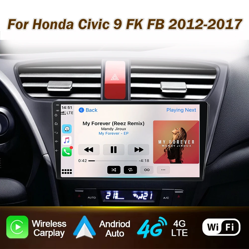 

Android для Honda Civic 9 FK FB 2012-2017 Автомобильный радиоприемник Мультимедийное видео Авто GPS-навигация Carplay 2Din DVD-плеер Стерео QLED