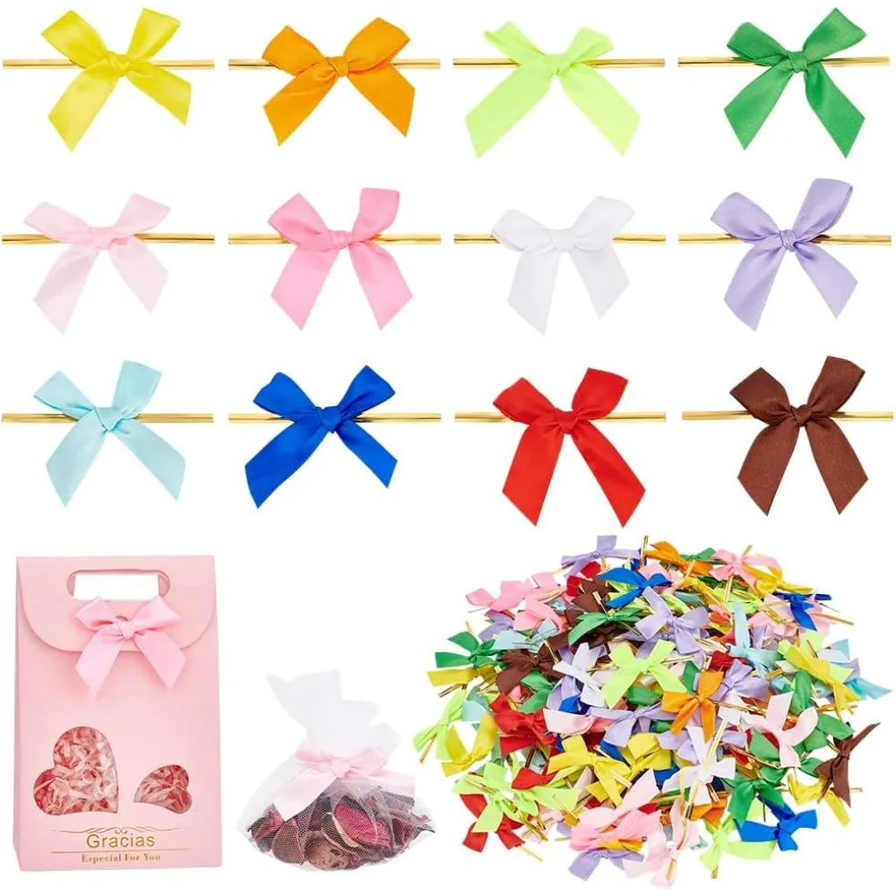 192pcs Ribbon Bows for Gift Wrapping 2 Inch Twist Tie Bows Colorful Satin Ribbon Bows for Tying Bags Gift Bags Christmas