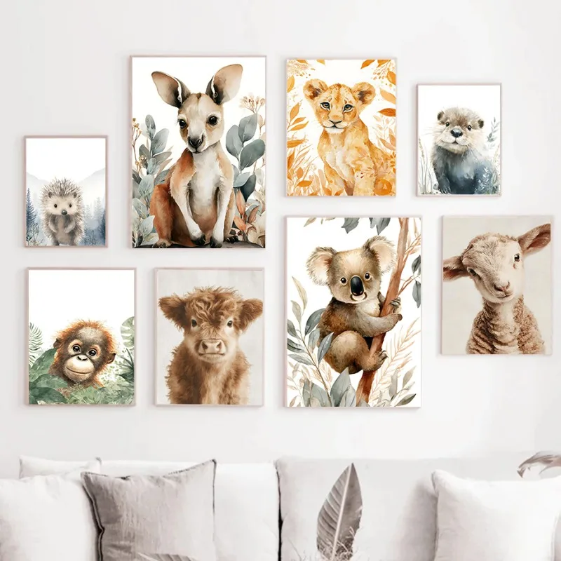 Baby Highland Cow Tiger Giraffe Lion Watercolor Poster Nursery Jungle Animal Print Kids Room Wall Art Neutral Safari Decor Gi