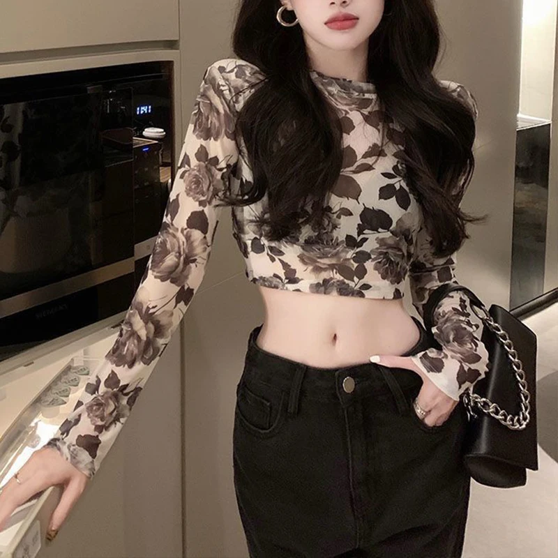 

Women Long Sleeve T-Shirt Summer Flower Print Slim Fit Pullover Fashion Expose Navel O Neck Basic Tee Lady Sexy Crop Top Clothes