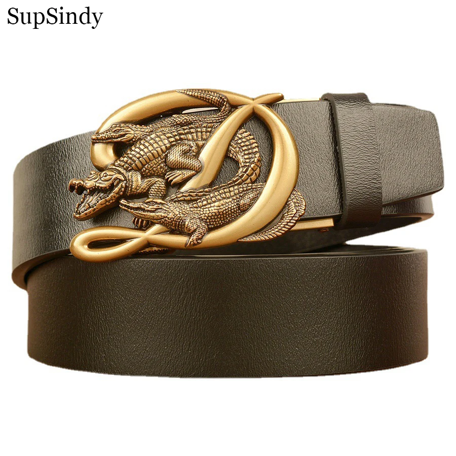 SupSindy Men Genuine Leather Belt Luxury Gold Crocodile Metal Automatic Buckle Cowhide Belts for Men Jeans Waistband Male Strap