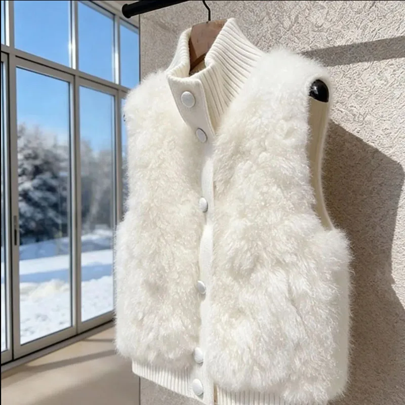 

Ladies New White Vest Winter High-End Fashionable Stacked Wear Wemperament Thick Knit Stitching Plush Ladies Soft Vest Coat